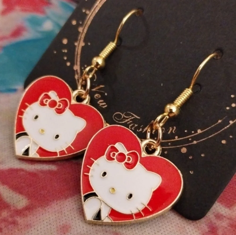 Handmade Valentine's Day Red Hello Kitty Heart Dangle Earrings